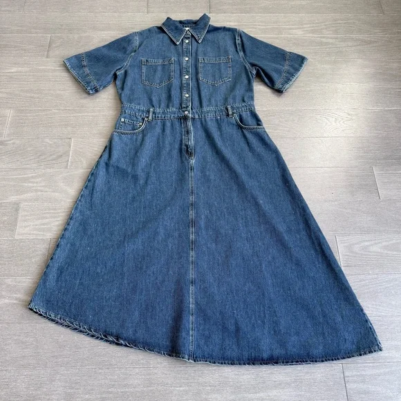 ALIGNE Mateo Short Sleeve Asymmetric Denim Midi Shirt Dress 12 Anthropologie - Picture 5 of 15